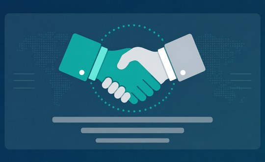 Handshake over a world map, representing the CareEco and MDResources partnership
